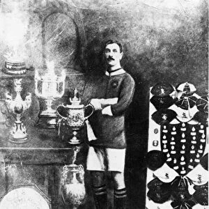 Manchester Uniteds Welsh Wizard Billy Meredith pictured circa 1908 with cups