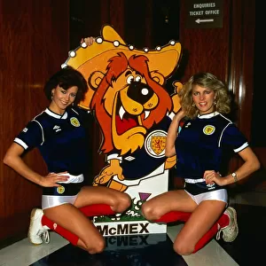Models, Lorraine Davidson and Karen Flynn, with McMex Scotland World Cup Mascot 1986