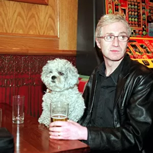 Paul O Grady aka Lily Savage with dog May 1999 drinking pint of lager in Griffin pub
