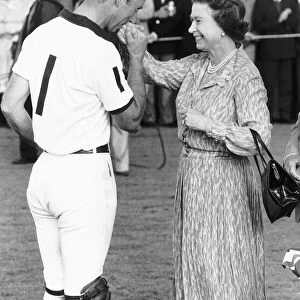 Queen Elizabeth with her son Prince Charles at a horse polo match against Brazil