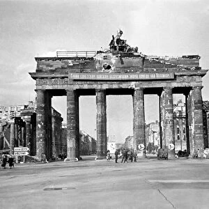 Scenes showing rubble and destruction at the Brandenburg Gate in the German city of