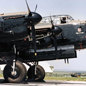 A Second World War Avro Lancaster bomber pictured leaving RAF St Athan after a refit