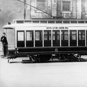 A single deck tram tramcar in 1901 about to travel from Central Station in Newcastle to