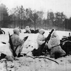 A Soviet Red Army trench mortar battery shelling the enemy German army on the Belarus