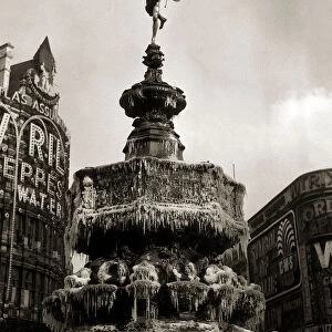 The statue of Eros in London - February 1956 the fountain has frozen over forming