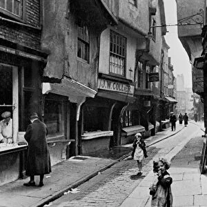 Street scene showing the The Shambles in York. Circa 1930