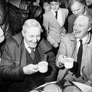 Tony Benn Labour candidate with Neil Kinnock Labour leader having a cup of tea in