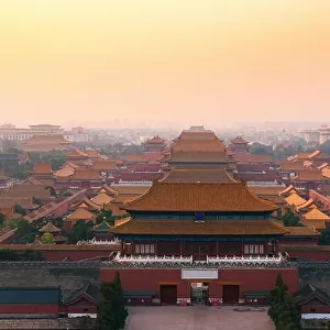 Aerial view of Beijing forbidden city scenery at sunset in China
