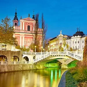 Ljubljana, view at bridge and the Franciscan Church, Slovenia