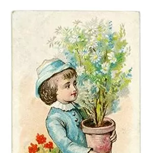 Original Victorian scrapbook seasonal New Year's greetings card cutting, sentimental image of a young boy in the garden holding a flower pot with