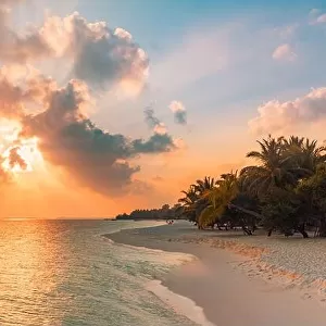 Sunset on the beach. Paradise landscape beach. Tropical paradise, white sand, beach, palm trees and clear water under sun rays with idyllic summer