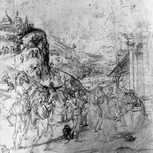 Adoration of the Magi with a multitude of people. Drawing by Andrea del Sarto preserved in the Room of Drawings and Prints in the Museum of the Uffizi