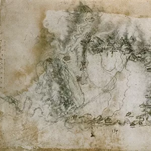 The Arno River and the Valley of Florence with the Lake of Bientina and the Fucecchio marshlands, drawing (12685r), by Leonardo da Vinci, housed in the Royal Library of Windsor