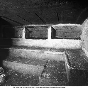 Burial indentations in the Tomb of the Tarquins, located on the Colle della Banditaccia of the Etruscan Necropolis of Cerveteri, in Lazio