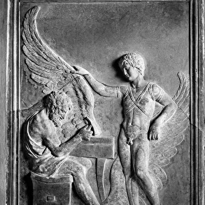 Daedalus and Icarus, bas-relief, Greek art of the fifth century. b. C. Villa Albani, Rome