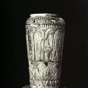 Egyptian vase from an Etruscan tomb with the name of the Pharaoh Bocchoris decorated with a bas relief, at the Tarquinia National Museum in Tarquinia