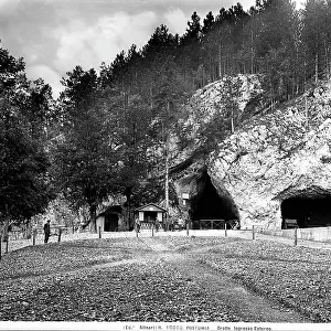 Outside view of the entrance to the Postumia Grottoes, Slovenia. Photographed during Italy's reign, in Kras, in the territory of Venezia Giulia