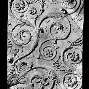 Panel of Ara Pacis Augustae in Rome with decorative plants shooting up and spiraling
