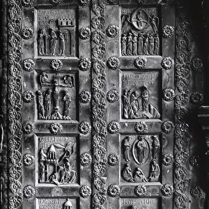 Detail with eight panels of the Main Door of Monreale's Cathedral. Work in bronze sculpted by Bonanno Pisano