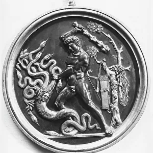 Paritally gilded bronze medal depicting Hercules and Hydra, by Jacopo Alari Bonacolsi, in the Museo Nazionale del Bargello, Florence