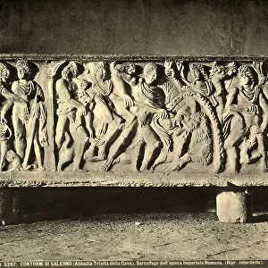 Roman sarcophagus representing the Meleagrus hunting the wild boar Calidonio. Work preserved in the Abbey of the Trinity, Corpo di Cava, in the environs of Cava De Tirreni