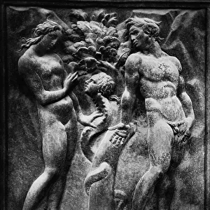 Temptation of Adam and Eve (Original Sin), relief on the portal with stories of Genesis, Jacopo della Quercia (1374 ca.-1438), Basilica of S. Petronio, Bologna