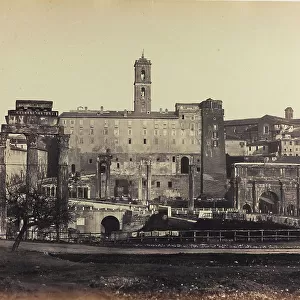 View of the Roman Forum in Rome, with the Temple of Castor and Pollux, the Arch of Septimius Severus and the Palazzo Senatorio in the background