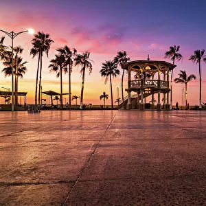 Mexico, La Paz, Malecon, kiosk, sunset, waterfront boardwalk