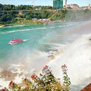 New York, Niagara, Canadian Side of Niagara and Tourist Boat going into waterfalls