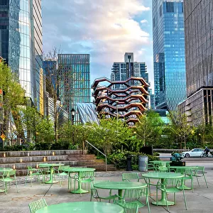 New York, NYC, Bella Abzug Park, Hudson Yards Vessel, outdoor seating
