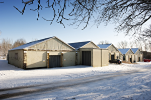 <b class=qtipBold><figcaption>Aircraft hangars DP136375</figcaption></b><br>First World War aircraft hangars, Larkhill, Fargo, Wiltshire. General view in snow.<br><em>© Historic England Archive</em> Aircraft hangars DP136375