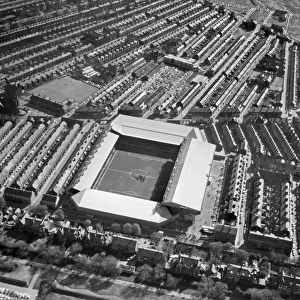 <b class=qtipBold><figcaption>Anfield, Liverpool EAW256986</figcaption></b><br>ANFIELD STADIUM, Liverpool. Aerial view of the home of Liverpool Football Club since 1892. Photographed in 1973. Aerofilms Collection (see Links).<br><em>© Historic England</em> Anfield, Liverpool EAW256986