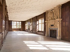 <b class=qtipBold><figcaption>Apethorpe Hall N080082</figcaption></b><br>APETHORPE HALL, Northhamptonshire. Interior view. East range, first floor, Long Gallery from the south west with wood panelled walls and ornate fireplace.<br><em>© Historic England</em> Apethorpe Hall N080082