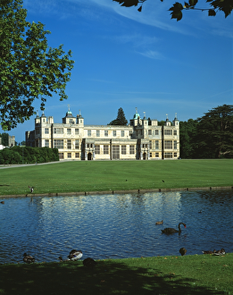 <b class=qtipBold><figcaption>Audley End House J010072</figcaption></b><br>AUDLEY END HOUSE AND GARDENS, Saffron Walden, Essex. View of the West front from across the lake.<br><em>© Historic England</em> Audley End House J010072