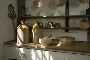<b class=qtipBold><figcaption>Audley End House N070940</figcaption></b><br>AUDLEY END HOUSE, Saffron Walden, Essex. Interior detail of the kitchen work surface and shelves with various kitchen utensils. Photographed in 2007 prior to the Service Wing upgrade.<br><em>© Historic England</em> Audley End House N070940