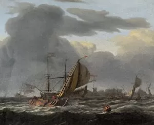 Maritime scenes Gallery: Bakhuizen - A Warship at Anchor in a Rough Sea N070527