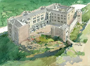 <b class=qtipBold><figcaption>Berry Pomeroy Castle J900111</figcaption></b><br>BERRY POMEROY CASTLE, Devon. Reconstruction drawing by Terry Ball (English Heritage Graphics Team) showing the castle as it might of looked in the early 17th century, showing the north range and loggia.<br><em>© Historic England</em> Berry Pomeroy Castle J900111