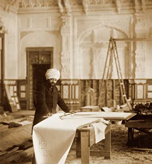 <b class=qtipBold><figcaption>Bhai Ram Singh K010289</figcaption></b><br>OSBORNE HOUSE, Isle of Wight. Interior view. Photograph from the album " Royal Tableaux, Osborne ". " Ram Singh at Work in the Indian Room " 1892. Durbar Room.<br><em>© Historic England</em> Bhai Ram Singh K010289