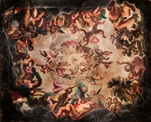 <b class=qtipBold><figcaption>Bolsover Castle N090697</figcaption></b><br>BOLSOVER CASTLE, Derbyshire. View of the ceiling in the Elysium Room, depicting the heaven of the gods and goddesses of Ancient Greece.<br><em>© Historic England</em> Bolsover Castle N090697