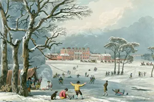 <b class=qtipBold><figcaption>Buckingham Palace N110240</figcaption></b><br>BUCKINGHAM PALACE, Buckingham Palace Road, City of Westminster, London. Picturesque winter view. Coloured aquatint dated 1817 by R Hawell. From "A series of picturesque views of noblemen's and gentlemen's seats..." 1823. Engraving from the Mayson Beeton Collection.<br><em>© Historic England</em> Buckingham Palace N110240