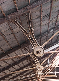 <b class=qtipBold><figcaption>Cast iron roof struts DP163670</figcaption></b><br>Ditherington Flax Mill, Spring Gardens, Ditherington, Shrewsbury, Shropshire. Dye house roof, detail of cast iron strut.<br><em>© Historic England Archive</em> Cast iron roof struts DP163670
