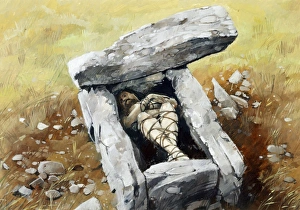 <b class=qtipBold><figcaption>Cist J940465</figcaption></b><br>DRIXXLE COMBE A reconstruction drawing of the ossuary burial cist by Ivan Lapper.<br><em>© Historic England</em> Cist J940465