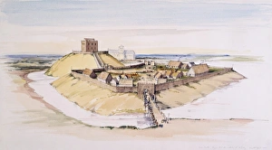 <b class=qtipBold><figcaption>Clifford's Tower J920591</figcaption></b><br>CLIFFORD'S TOWER, YORK CASTLE, North Yorkshire. A reconstruction drawing of the motte, bailey & early timber buildings; late 11th century built on the orders of William I. Terry Ball (English Heritage Graphics Team). clifford<br><em>© Historic England</em> Clifford's Tower J920591