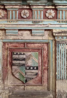 <b class=qtipBold><figcaption>Coat of arms K971738</figcaption></b><br>FARLEIGH HUNGERFORD CASTLE, Somerset. Detail of coat of arms on tomb in the chapel. Heraldry.<br><em>© Paul Highnam</em> Coat of arms K971738