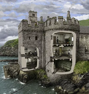 <b class=qtipBold><figcaption>Dartmouth Castle gun tower IC123/001</figcaption></b><br>DARTMOUTH CASTLE, Devon. Cutaway reconstruction drawing of Dartmouth Castle gun tower c.1500 with the chain spliced to a howser for hauling. Artist Peter Urmston (2016).<br><em>© Historic England Archive</em> Dartmouth Castle gun tower IC123/001
