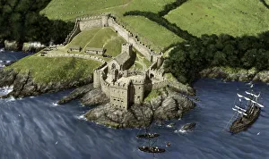 <b class=qtipBold><figcaption>Dartmouth Castle IC123/012</figcaption></b><br>DARTMOUTH CASTLE, Devon. Reconstruction drawing of Dartmouth Castle as it may have looked in about 1550. Artist Peter Urmston (2016).<br><em>© Historic England Archive</em> Dartmouth Castle IC123/012
