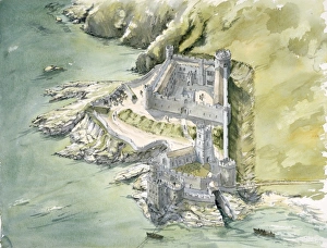 <b class=qtipBold><figcaption>Dartmouth Castle J000008</figcaption></b><br>DARTMOUTH CASTLE, Devon. Aerial view reconstruction drawing of the castle c1550 by Peter Dunn (English Heritage Graphics Team).<br><em>© Historic England</em> Dartmouth Castle J000008