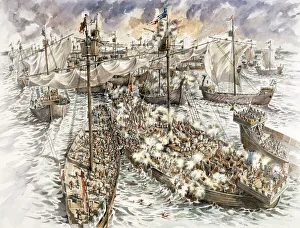 <b class=qtipBold><figcaption>Dover Castle siege J020150</figcaption></b><br>DOVER CASTLE, Kent. The siege of 1216. Reconstruction drawing by Peter Dunn (English Heritage Graphics Team) of a naval battle in Sandwich Bay.<br><em>© Historic England</em> Dover Castle siege J020150