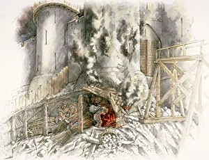 <b class=qtipBold><figcaption>Dover Castle siege J020151</figcaption></b><br>DOVER CASTLE, Kent. The siege of 1216. Reconstruction drawing by Peter Dunn (English Heritage Graphics Team) of mining under the North Gate East tower.<br><em>© Historic England</em> Dover Castle siege J020151