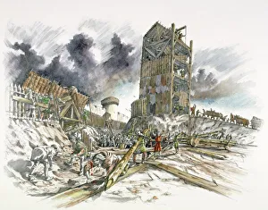 <b class=qtipBold><figcaption>Dover Castle siege J020155</figcaption></b><br>DOVER CASTLE, Kent. The siege of 1216. Reconstruction drawing by Peter Dunn, English Heritage Graphics Team, of a French siege tower and earth works.<br><em>© Historic England</em> Dover Castle siege J020155